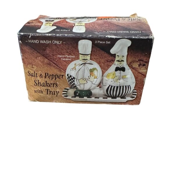 Vintage Chef Salt and Pepper Shakers with Tray‎ Ceramic Collectible - Picture 10 of 10